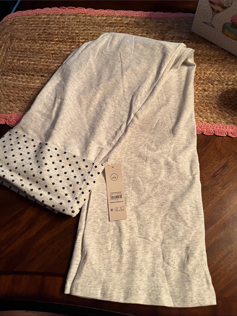 No Boundaries Light Gray Wide-Leg Pants with Black Polka Dot Cuff around waist